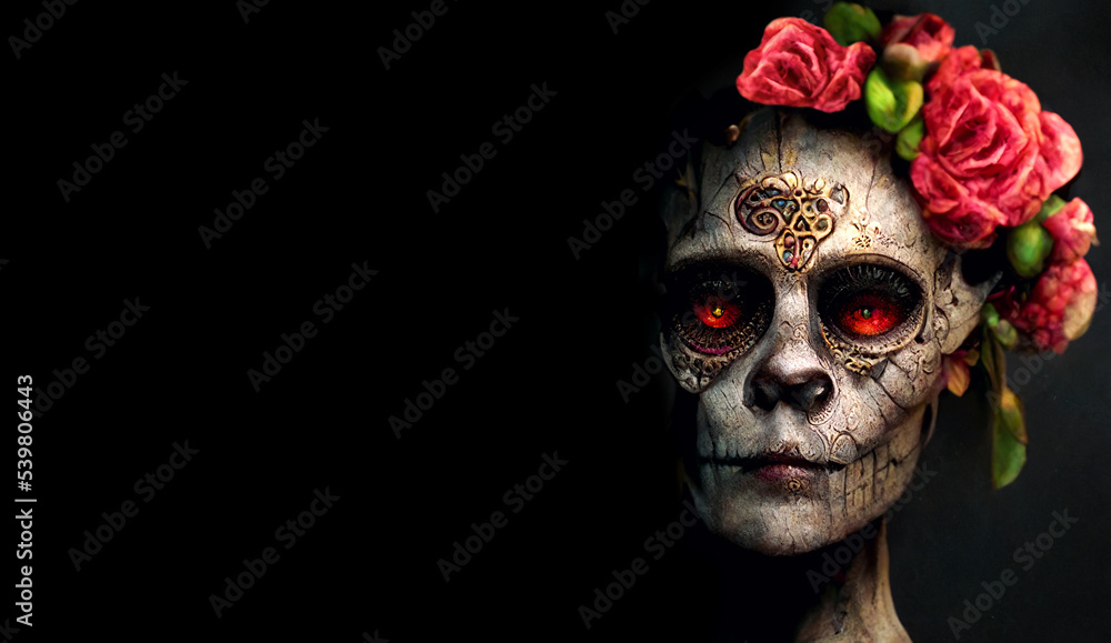 Fototapeta premium Sugar skull with flowers black background. Halloween banner