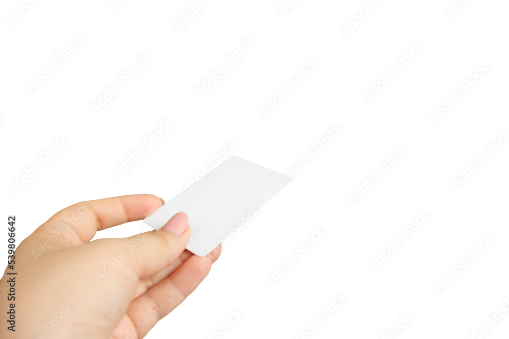 Female hand holding business card isolated on white background Female hand holding business card isolated on white background