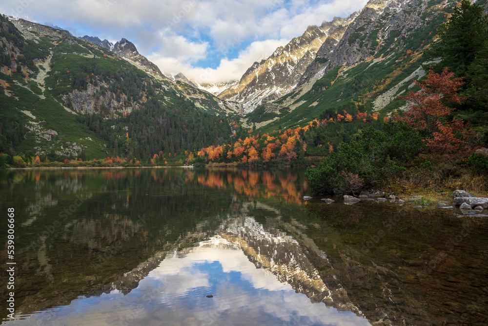 Popradske Pleso beautiful mountain lake in Slovakia in autumn.