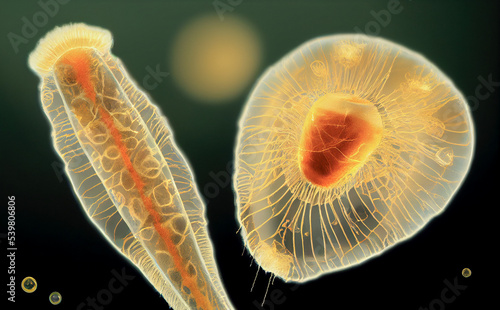 Paramecium caudatum is a genus of unicellular ciliated protozoan and Bacterium under the microscope
 photo