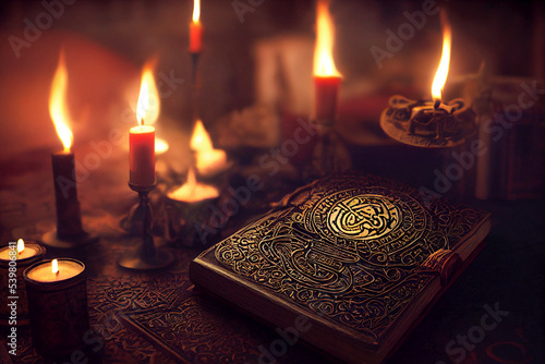 Magic book with sigil symbol on the cover and with candles in the background. Spell Book with super powers on dark background.