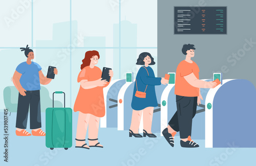 People standing in line to pay fare flat vector illustration. Man and women going through automatic turnstile in metro or train station. Passengers showing tickets. Entrance, travel concept
