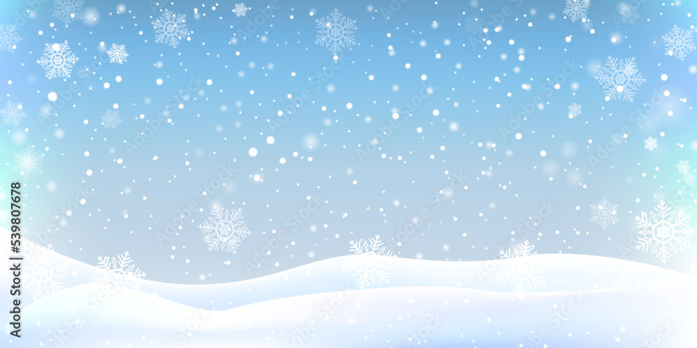 winter christmas landscape background decoration with falling beautiful shining snow, snowy hills