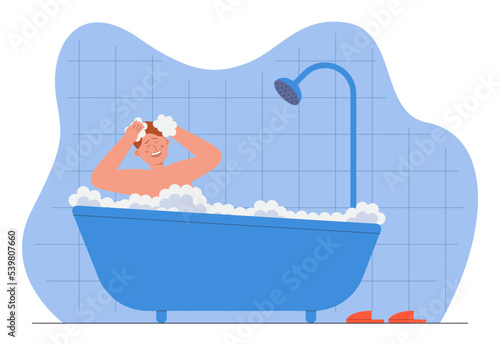 Happy man taking bath flat vector illustration. Male person singing in shower, washing his head with shampoo, lying in bathtub and relaxing. Hygiene, morning routine, bathroom concept