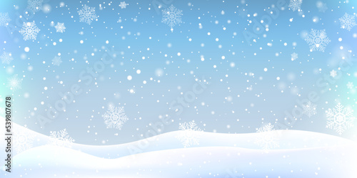 winter christmas landscape background decoration with falling beautiful shining snow, snowy hills