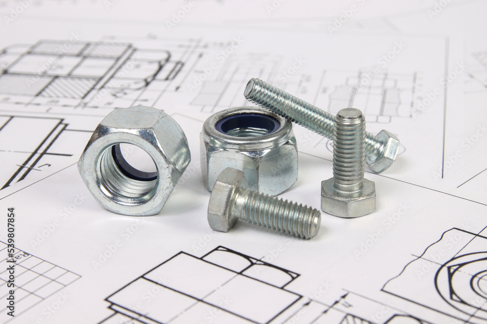 Technical drawings of bolt and nut. Engineering, technology and