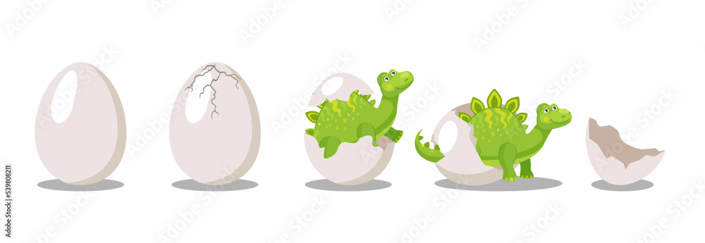 Stages of hatching dinosaur from egg cartoon illustration set. Funny ...