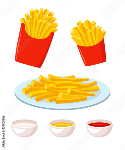French fries in red cartoon box cartoon illustration set. Fried potatoes on plate with various dips, mayonnaise, ketchup, mustard and cheese sauce. Fast food, lunch, appetizer concept