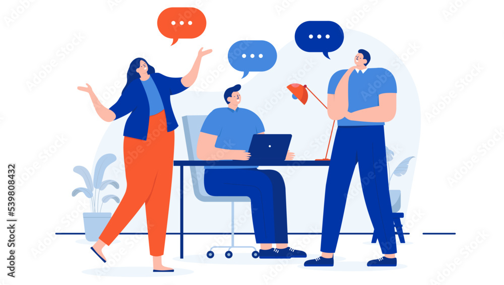 People working and having conversation - Team talking, having dialogue and doing work together in office with speech bubbles. Flat design cartoon vector illustration with white background