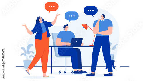 People working and having conversation - Team talking  having dialogue and doing work together in office with speech bubbles. Flat design cartoon vector illustration with white background