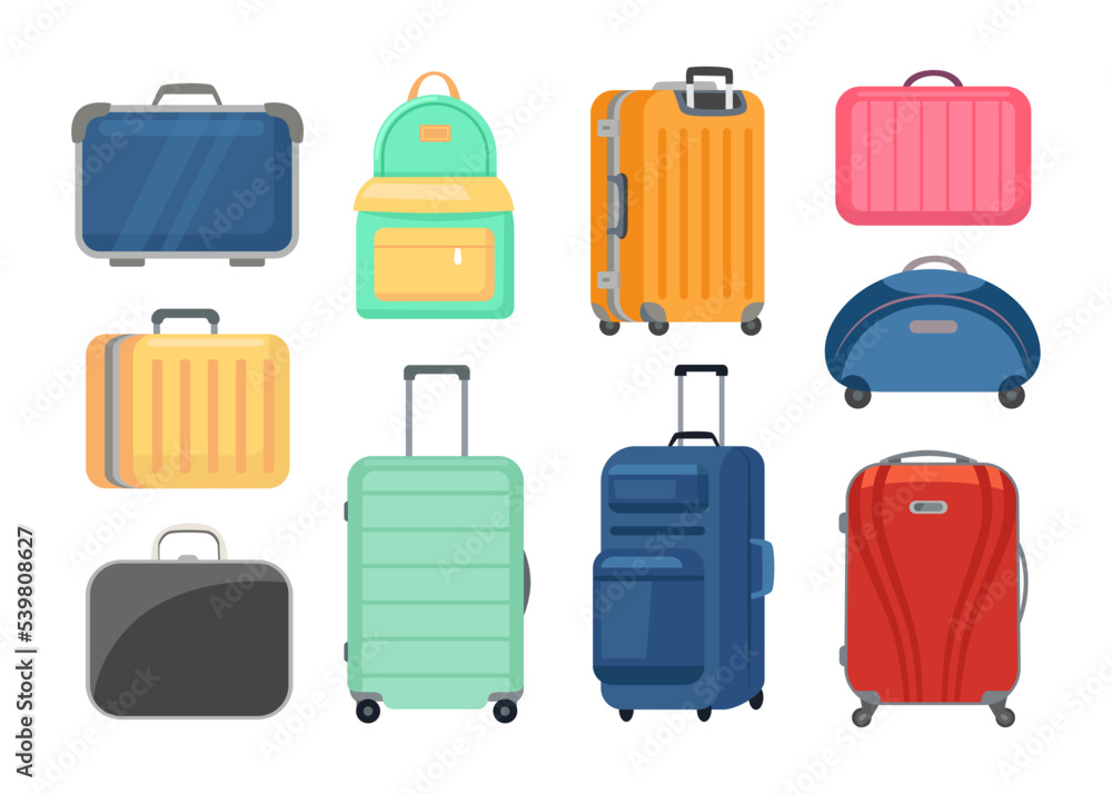 Colorful travel bags and suitcases cartoon illustration set. Business  briefcases, baggage for vacation or holiday, carry-on leather tourism bags.  Luggage, tour, voyage concept Stock Vector | Adobe Stock