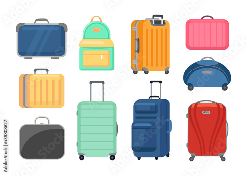 Colorful travel bags and suitcases cartoon illustration set. Business briefcases, baggage for vacation or holiday, carry-on leather tourism bags. Luggage, tour, voyage concept