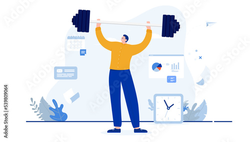 Strong businessman - Person working in casual clothes lifting weights and showing strength. Work training metaphor. Flat design cartoon vector illustration with white background