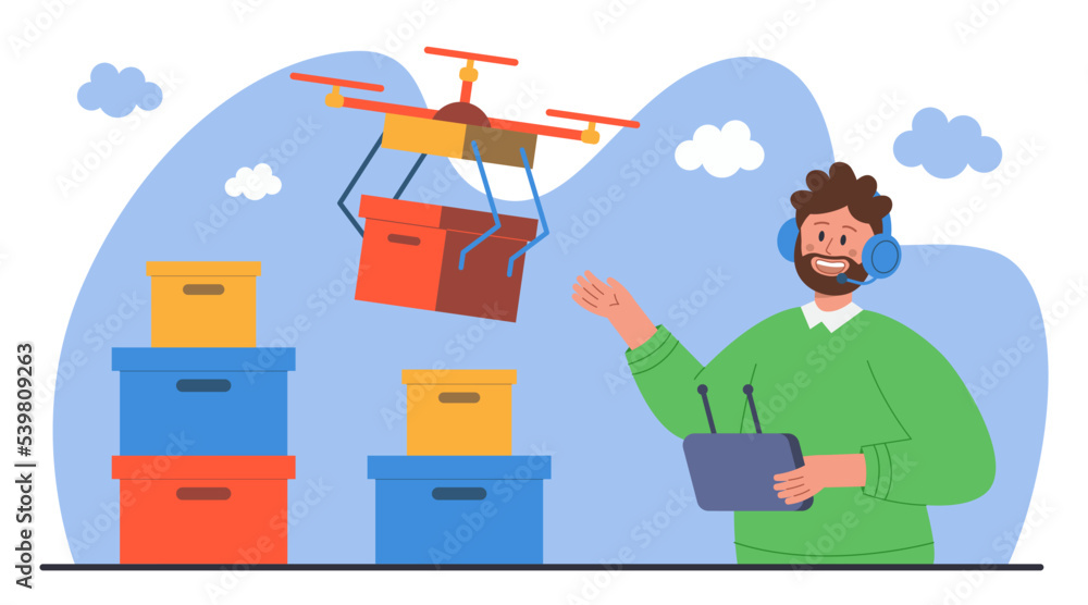Happy man controlling drone with remote flat vector illustration. Worker with headphones managing work of delivering boxes by drone. Technology, delivery service, shipping concept Happy man controlling drone with remote flat vector illustration. Worker with headphones managing work of delivering boxes by drone. Technology, delivery service, shipping concept