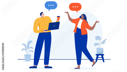 Colleagues talking - Diverse man and woman in office communicating, smiling and speaking with speech bubbles. Flat design cartoon vector illustration with white background