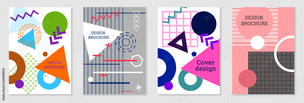 Set of cover design in Memphis style. Geometric design, abstract background. Fashionable bright cover, banner, poster, booklet. Creative colors. Set of cover design in Memphis style. Geometric design, abstract background. Fashionable bright cover, banner, poster, booklet. Creative colors.