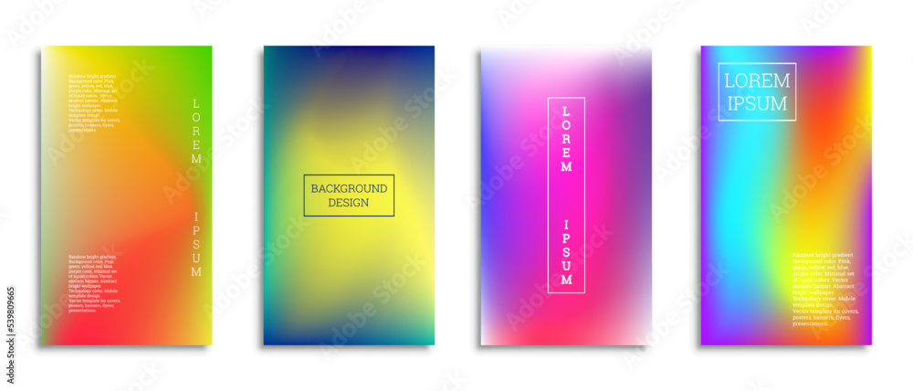 Bright gradient background for the cover. Set of 4 covers. Creative modern vector illustration. Holographic spectrum. Bright gradient background for the cover. Set of 4 covers. Creative modern vector illustration. Holographic spectrum.