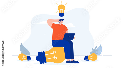 Idea work - Person working on new ideas on computer scratching head and sitting on light bulb. Flat design cartoon vector illustration with white background