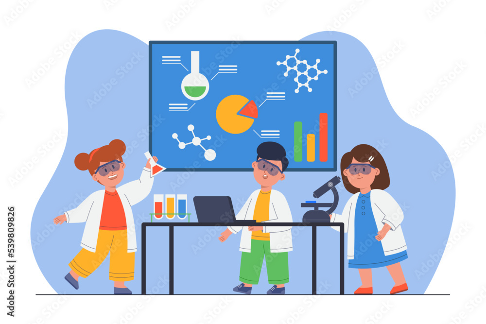 Excited children in laboratory flat vector illustration. Girls and boy conducting experiments in chemistry class at school, looking into microscope, learning formulas. Education, science concept Excited children in laboratory flat vector illustration. Girls and boy conducting experiments in chemistry class at school, looking into microscope, learning formulas. Education, science concept