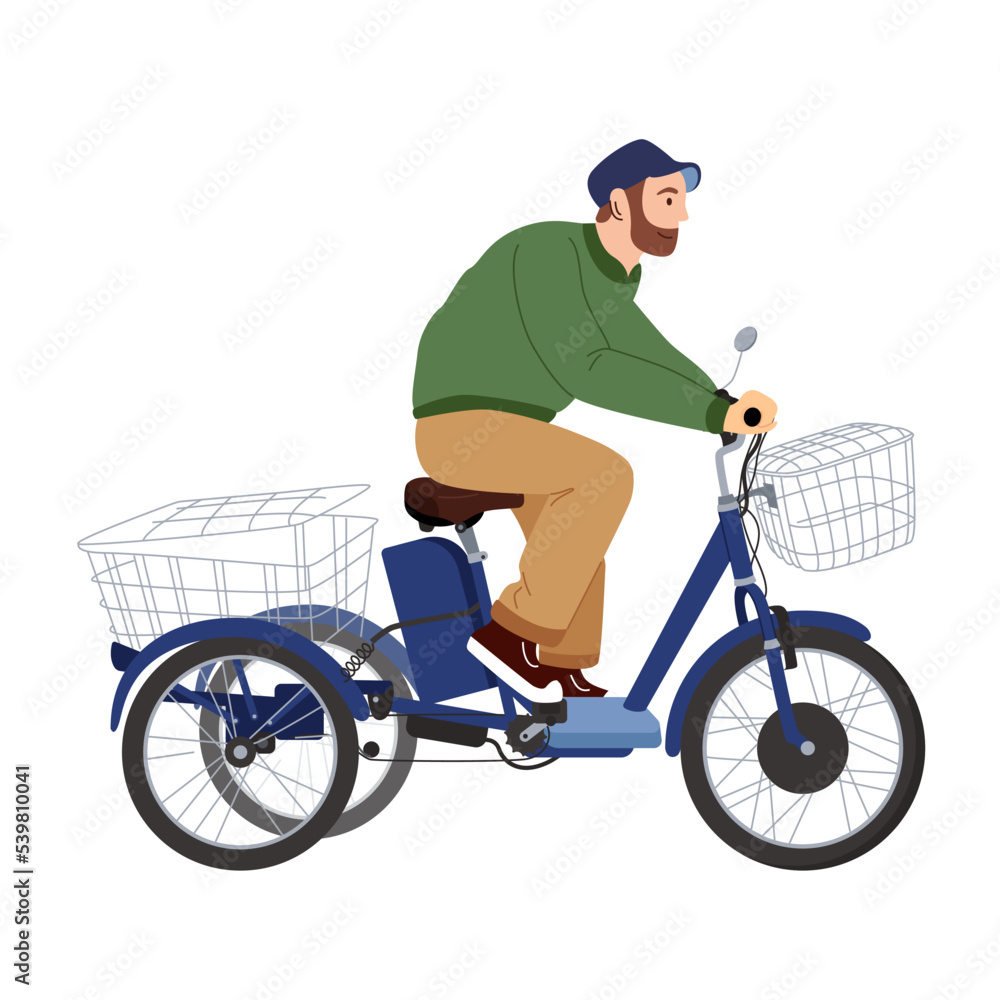 Man on the tricycle with basket. Vector flat design illustration. Activity and healthy lifestyle concept. Delivered of packages by cycling courier tricycle cargo designed and constructed specifically Man on the tricycle with basket. Vector flat design illustration. Activity and healthy lifestyle concept. Delivered of packages by cycling courier tricycle cargo designed and constructed specifically