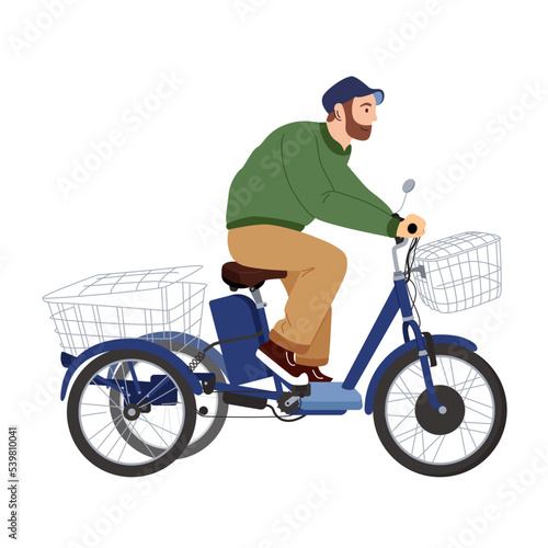Man on the tricycle with basket. Vector flat design illustration. Activity and healthy lifestyle concept. Delivered of packages by cycling courier tricycle cargo designed and constructed specifically