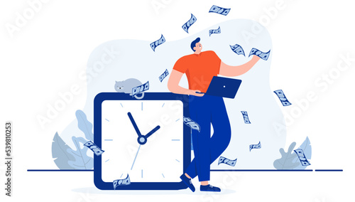 Work time and money - Man standing with clock  making paper money smiling and being happy with salary. Hour income and profits concept. Flat design cartoon vector illustration with white background