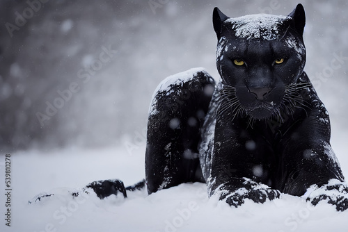Close view of a black panther in the snow photo