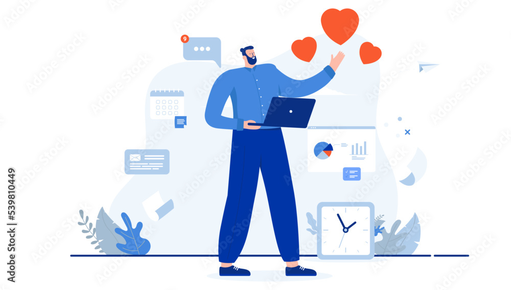 Love your job - Man at work loving his workplace holding computer and red hearts. Flat design cartoon vector illustration with white background