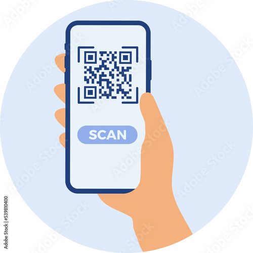 Smartphone mockup in human hand. Scan QR code. Flat colorful technology illustration