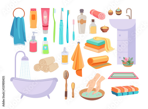 Bath accessories on white background cartoon illustration set. Hairbrush, mirror, bathtub, towel, aromatic candles, toothbrush, soap, shampoo and toothpaste. Hygiene, bathroom concept