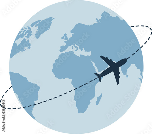 Airplane flying around the globe. Around the world travelling by plane, airplane trip in various country. Planet Earth. Travel and tourism concept. Illustration