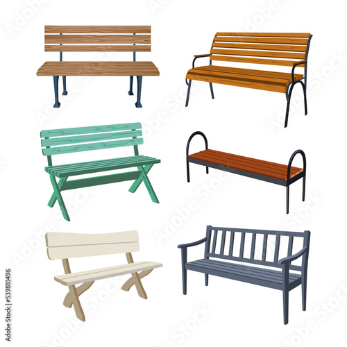 Various wooden park benches cartoon illustration set. Colorful garden or city benches for outdoor relaxation or public spaces decoration. Furniture, urban beautification concept