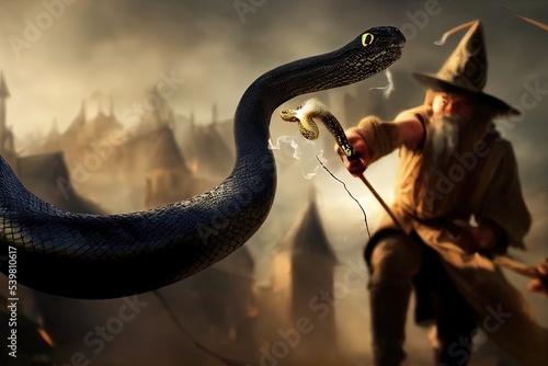 illustration of a wizard fight against snake photo