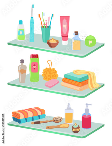 Different products for personal hygiene vector illustrations set. Household supplies for toilet or bathroom, beauty products, shampoo bottle, soap, micellar water. Toiletry, hygiene, health concept