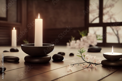 Beautiful atmospheric, spa or massage interior with candles , towel,white flowers and hot stones photo
