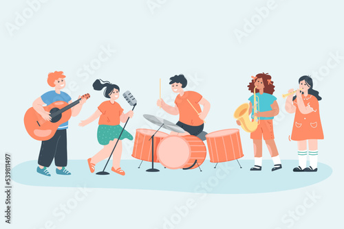 Cute cartoon children or teenagers playing in music band. Little musicians and singers performing at school party or festival flat vector illustration. Music, performance concept for banner