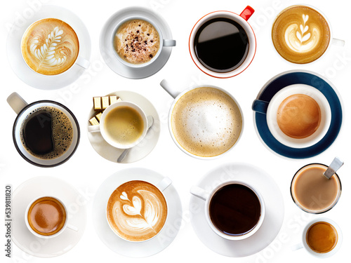 Coffee cup assortment isolated top view