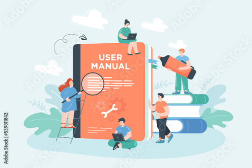 Tiny people studying huge user manual with instructions. Person on stack of books, characters using guidebook flat vector illustration. Guidance, information concept for banner or landing web page