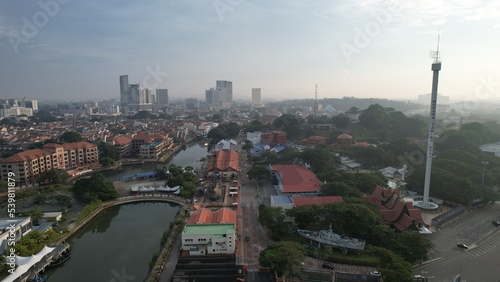 Malacca, Malaysia - October 16, 2022: Aerial View of the Malacca River Cruise