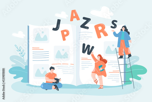 Tiny persons learning new vocabulary and grammar in class. Huge book, people training writing and reading skills flat vector illustration. Language, literature, communication concept for banner photo