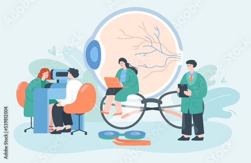 Tiny patients visiting oculist flat vector illustration. Man checking eyesight or vision with laser in hospital before eye surgery. Doctors sitting on eyeglasses. Healthcare, ophthalmologist concept