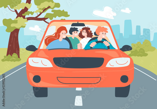 Front view of car on road with happy family inside. Father, mother and kids in automobile, cartoon travelers on trip flat vector illustration. Family vacation concept for banner or landing web page