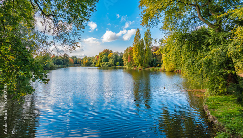 Beautiful landscape with lake in Rivierenhof park, Antwerp, Belgium. photo
