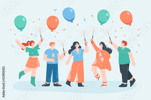 Group of happy business people having fun at party together. Team of office persons  cheerful young cartoon characters  confetti flat vector illustration. Teamwork  celebration  achievement concept