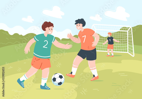 Happy children playing soccer or football on playground. Scene with cartoon characters running and playing ball game flat vector illustration. Sports, outdoor activity concept for banner