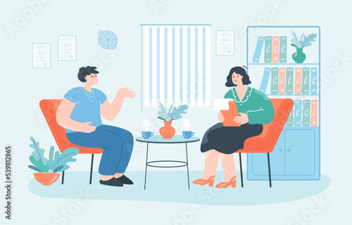 Client talking to therapist in counseling office. Patient and psychologist sitting on sofa during therapy session flat vector illustration. Psychotherapy concept for banner or landing web page