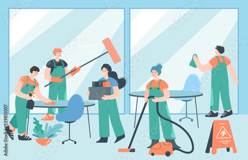Team of cartoon janitors cleaning office. Professional cleaners making workplace clean flat vector illustration. Hygiene, cleaning service, job concept for banner, website design or landing web page