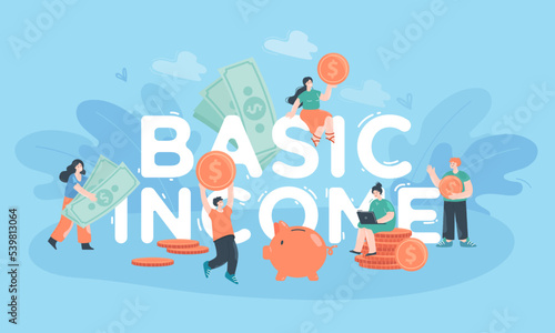 Tiny persons getting money from government. Benefits of social support system flat vector illustration. Universal basic income, charity, finances, poverty concept for banner or landing web page