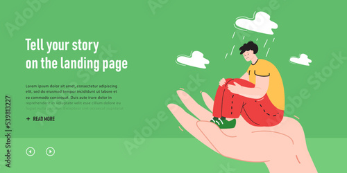 Man sitting on palm of hand in rain. Tiny depressed male patient feeling grief and loneliness, in need of counsellors support flat vector illustration. Counseling patronage, psychology concept