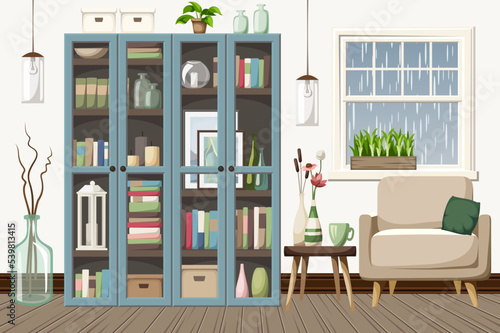 Room interior with blue bookcases, an armchair, and rain outside the window. Scandinavian interior design. Cartoon vector illustration
